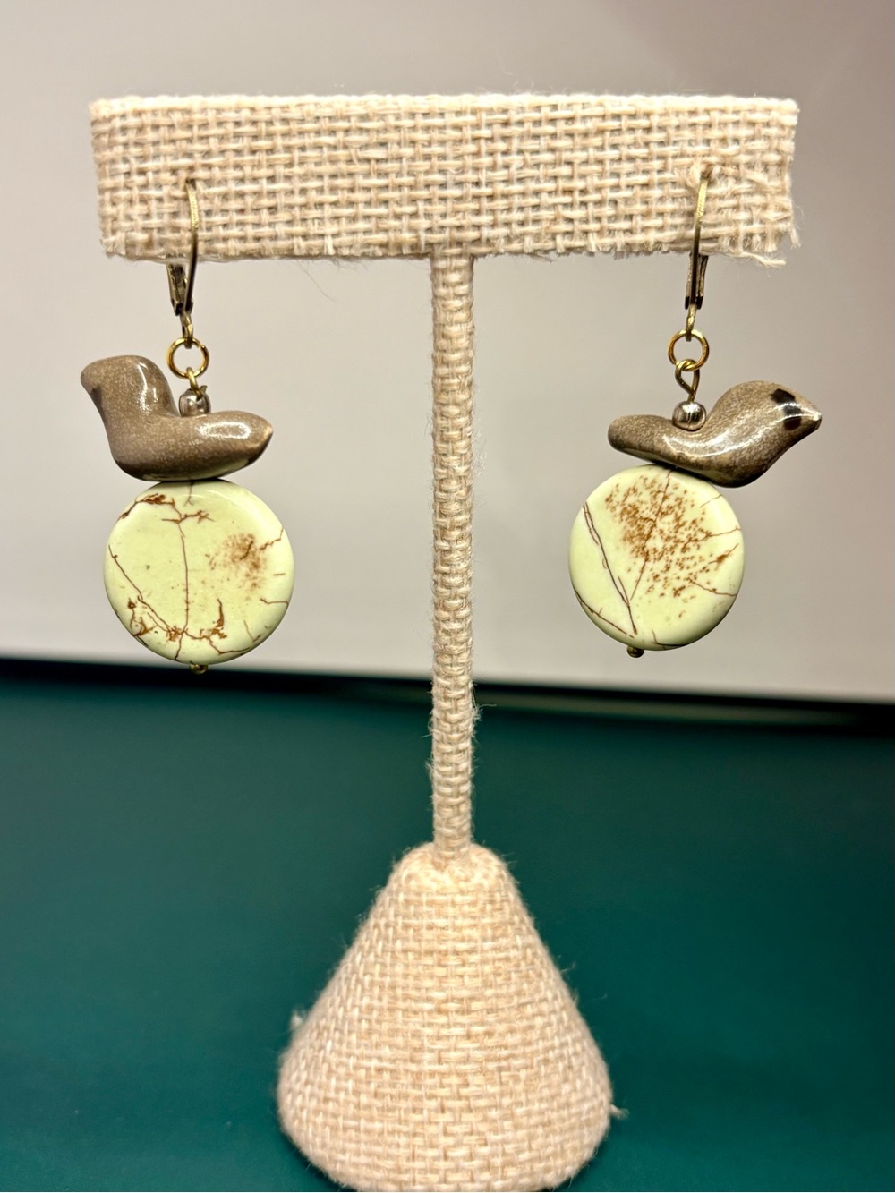 Artisan jewelry: “The Roost” Ceramic Bird Earrings with Howlite